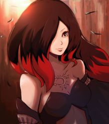 Rule 34 | 1girl, bare shoulders, black hair, blue eyes, breasts, cleavage, crow (gravity daze), detached sleeves, gravity daze, gravity daze 2, hair over one eye, highres, large breasts, long hair, long sleeves, multicolored hair, neck, red hair, solo, strapless, two-tone hair