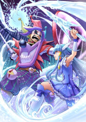 Rule 34 | 1boy, 1girl, battle, blouse, blue choker, blue eyes, blue hair, blue shirt, blue skirt, blunt bangs, boots, brooch, choker, crystal sword, cure beauty, fangs, frilled skirt, frilled sleeves, frills, frown, grimace, hat, highres, holding, holding sword, holding weapon, itou shin&#039;ichi, jester cap, jewelry, joker (smile precure!), knee boots, long hair, looking at another, magical girl, miniskirt, open mouth, pleated skirt, precure, shirt, short sleeves, skirt, smile precure!, snow, sparkle, standing, sword, weapon, white footwear, wing hair ornament