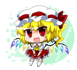 Rule 34 | 1girl, :d, adapted costume, alternate costume, ascot, bad id, bad pixiv id, blonde hair, chibi, commentary request, fang, flandre scarlet, hat, looking at viewer, mob cap, noai nioshi, open mouth, red eyes, side ponytail, smile, solo, thighhighs, touhou, translation request, wings, wrist cuffs, zettai ryouiki