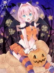 Rule 34 | 1girl, alternate costume, bat (animal), bat wings, black bow, blue eyes, blush, bow, bowtie, breasts, buttons, crop top, fang, hair ornament, hair ribbon, halloween, halloween costume, highres, jack-o&#039;-lantern, kantai collection, looking at viewer, open mouth, pink hair, ponytail, pumpkin, ribbon, shiranui (kancolle), short hair, sitting, skirt, small breasts, solo, thighhighs, u yuz xx, wings, wrist cuffs