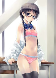 Rule 34 | 1girl, bare shoulders, black hair, black thighhighs, blue eyes, blush, bow, bowtie, bra, braid, breasts, chair, desk, glasses, hair over shoulder, highres, long hair, nagayori, navel, off shoulder, open clothes, original, panties, parted lips, pink bra, pink panties, polka dot, polka dot bra, polka dot panties, shirt, small breasts, solo, standing, table, thighhighs, twin braids, underwear, underwear only, undressing, white shirt
