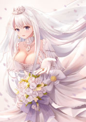 Rule 34 | 1girl, :d, azur lane, blush, bouquet, bow, breasts, bridal veil, cleavage, collarbone, commentary request, cowboy shot, crown, dress, earrings, enterprise (azur lane), enterprise (starlight oath) (azur lane), floating hair, flower, gloves, grey eyes, hair between eyes, highres, holding, holding bouquet, jewelry, large breasts, long dress, long hair, looking at viewer, mini crown, necklace, official alternate costume, open mouth, ring, rose, sebu illust, sidelocks, silver hair, smile, solo, standing, strapless, strapless dress, veil, very long hair, wedding dress, wedding ring, white background, white bow, white dress, white flower, white gloves, white rose