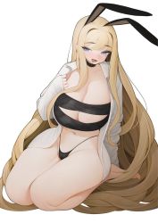 Rule 34 | 1girl, animal ears, barefoot, blonde hair, blue eyes, blush, breasts, cameltoe, eyelashes, fang, half-closed eyes, kneeling, large breasts, long hair, mole, mole under eye, navel, open mouth, original, rabbit (wlsdnjs950), rabbit ears, simple background, skin fang, sleeves past wrists, smile, solo, tongue, very long hair, white background