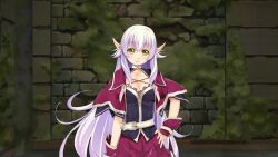 Rule 34 | 1girl, atelier-moo, belt, breasts, cleavage, cloak, closed mouth, cowboy shot, dark elf, detached sleeves, dungeon, elf, hair between eyes, hand on own hip, highres, large breasts, long hair, long pointy ears, looking at viewer, miniskirt, narrow waist, pointy ears, purple cloak, purple hair, silvia milsteen, skirt, smile, solo, standing, very long hair, wizards symphony, yellow eyes