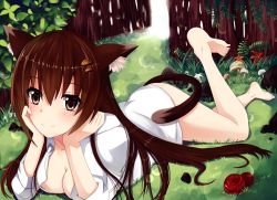 Rule 34 | 1girl, animal ears, barefoot, breasts, brown eyes, brown hair, cleavage, feet, highres, leg up, long hair, looking at viewer, lying, on stomach, original, otono fei, smile, soles, solo, tail, the pose, toes