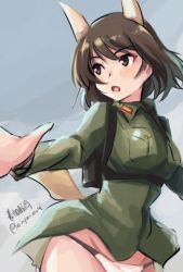Rule 34 | 1girl, animal ears, artist name, backpack, bag, black eyes, black hair, commentary request, cowboy shot, green jacket, haruhata mutsuki, jacket, katou takeko, long sleeves, looking to the side, military, military uniform, no pants, open mouth, outstretched arms, panties, short hair, signature, solo, spread arms, standing, strike witches zero, tail, twitter username, underwear, uniform, white panties, world witches series