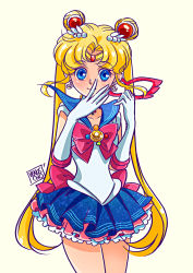 Rule 34 | 1990s (style), 1girl, bishoujo senshi sailor moon, blonde hair, blue dress, blue eyes, blue sailor collar, blue skirt, bow, brooch, double bun, dress, earrings, elbow gloves, gloves, hair ornament, hairpin, highres, jewelry, long hair, magical girl, mask, pleated skirt, red bow, retro artstyle, ribbon, sailor collar, sailor moon, skirt, smile, solo, tiara, tsukino usagi, twintails, venuscho, white background, white gloves