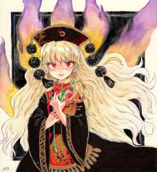 Rule 34 | 1girl, absurdres, animal print, big hair, black dress, blonde hair, chinese clothes, commentary request, dress, energy, eyelashes, flower, fox tail, highres, holding, holding flower, junko (touhou), lily (flower), lips, long hair, long sleeves, looking at viewer, medium request, obi, piyo (piyoko528), red eyes, sash, shaded face, signature, smile, solo, tabard, tail, touhou, very long hair, wide sleeves, wind