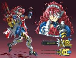 Rule 34 | 1girl, apron, armor, blood, blood on face, chainsaw, crazy eyes, crazy smile, cyborg, doom (game), doom (series), doom eternal, eyepatch, gloves, headgear, highres, maid, mechanical parts, personification, red eyes, red hair, smile, solo, substance20, torn clothes, torn legwear