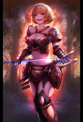 Rule 34 | 1girl, armor, biting, blonde hair, breasts, cleavage, clementine (overlord), criss-cross halter, fantasy, faulds, finger biting, forest, garter belt, gauntlets, halterneck, highres, holding, holding sword, holding weapon, large breasts, masayoshi, nature, navel, o-ring, o-ring legwear, open mouth, orange armor, overlord (maruyama), pauldrons, red eyes, short hair, shoulder armor, sketch, smile, solo, standing, sword, teeth, thighhighs, thighs, weapon