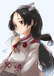 Rule 34 | 1girl, artist name, black hair, brown eyes, folded fan, dated, folding fan, fyuo, hair tie, hand fan, high ponytail, highres, japanese clothes, kantai collection, kariginu, long hair, looking at viewer, miko, multi-tied hair, nisshin (kancolle), red ribbon, ribbon, short eyebrows, simple background, solo, thick eyebrows, very long hair, white background