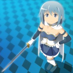 Rule 34 | 10s, 1girl, bare shoulders, blue background, blue eyes, blue hair, cape, from above, gloves, hiraizumi (mugenkidousha), looking up, lossy-lossless, mahou shoujo madoka magica, mahou shoujo madoka magica (anime), matching hair/eyes, miki sayaka, short hair, smile, solo, soul gem, sword, thighhighs, weapon, zettai ryouiki