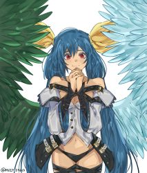 Rule 34 | 1girl, angel wings, arc system works, asymmetrical wings, bare shoulders, belt, black panties, black thighhighs, blue hair, breasts, choker, cleavage, closed mouth, detached collar, dizzy (guilty gear), guilty gear, guilty gear xrd, hair between eyes, hair ribbon, hair rings, highres, long hair, looking at viewer, mature female, medium breasts, mil17459623, mother&#039;s day, navel, panties, red eyes, ribbon, skindentation, smile, solo, thick thighs, thigh strap, thighhighs, thighs, twintails, underwear, wide sleeves, wings, yellow ribbon