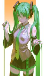 Rule 34 | 1girl, arm tattoo, black shirt, black thighhighs, cropped legs, detached sleeves, green eyes, green hair, green necktie, grey shirt, hair ornament, hatsune miku, highres, holding, holding hair, necktie, pleated skirt, shirt, sidelocks, sketch, skirt, sleeveless, sleeveless shirt, tattoo, thighhighs, tunapon01, twintails, unfinished, vocaloid, yellow background