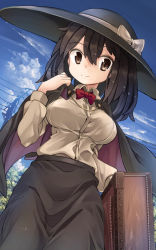 Rule 34 | 1girl, aoi kujira, black cape, black hair, black hat, black skirt, blue sky, bow, bowtie, breasts, brown eyes, cape, cloud, day, fedora, hat, hat bow, holding, large breasts, long skirt, long sleeves, looking at viewer, outdoors, plant, power lines, red bow, red bowtie, shirt, short hair, skirt, sky, solo, standing, suitcase, touhou, tree, usami renko, white bow, wing collar, yellow shirt