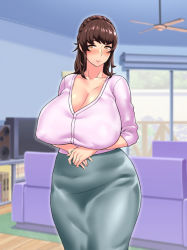 Rule 34 | 1girl, blush, braid, breasts, brown hair, ceiling, cleavage, closed mouth, couch, crown braid, curvy, daruguxwa, female focus, green skirt, hip focus, huge breasts, indoors, legs, long hair, long skirt, long sleeves, looking at viewer, mature female, orange eyes, original, own hands together, pink shirt, shirt, skirt, solo, standing, television, thighs