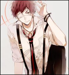 Rule 34 | 1boy, 5574iahu, alternate hairstyle, brown eyes, collar x malice, enomoto mineo, eyepatch, grey background, jewelry, male focus, necklace, red hair, shirt, short hair, short sleeves, smile, solo, suspenders, teeth, translation request, white shirt