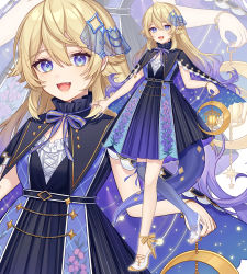 Rule 34 | 1girl, :d, black cape, black dress, blonde hair, blue cape, blue eyes, blue thighhighs, cape, character request, commentary request, crescent, dress, fang, hair between eyes, high heels, highres, holding, iriam, karokuchitose, long hair, looking at viewer, mole, mole under eye, official art, open mouth, pleated dress, shoes, single thighhigh, smile, standing, standing on one leg, thighhighs, very long hair, virtual youtuber, white footwear, zoom layer