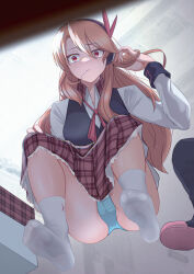 Rule 34 | 1girl, absurdres, akame ga kill!, black hairband, black vest, blue panties, blush, boots, unworn boots, bow, bowtie, breasts, chelsea (akame ga kill!), closed mouth, collared shirt, commentary, english text, eyelashes, feet, foot focus, from below, full body, ghhoward, hair between eyes, hairband, hand on own knee, hand up, highres, invisible floor, long hair, long sleeves, looking at viewer, medium breasts, mouth hold, no shoes, orange hair, panties, partially visible vulva, plaid, plaid skirt, pleated skirt, red bow, red bowtie, red eyes, red skirt, ribbed socks, shirt, skirt, socks, soles, solo, squatting, underwear, upskirt, vest, white shirt, white socks