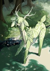 Rule 34 | 1boy, absurdres, animal ears, antlers, body markings, centauroid, completely nude, day, deer antlers, deer boy, deer ears, deer tail, extra ears, full body, grass, green eyes, green fur, green hair, highres, horns, looking at viewer, monster boy, nature, nude, original, outdoors, own hands together, shima (wansyon144), smile, solo, standing, stream, sunlight, tail, taur, tree, v arms
