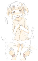 Rule 34 | 1girl, blush, cropped legs, disembodied hand, embarrassed, female focus, flat chest, half-closed eyes, hands up, highres, japanese text, kamome shop, looking at viewer, monochrome, nose blush, open mouth, original, peeing, peeing self, shirt, short hair, short shorts, short sleeves, shorts, simple background, sketch, solo, speech bubble, standing, steam, tears, translation request, trembling, two side up, white background