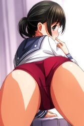 Rule 34 | 1girl, absurdres, arm support, ass, black hair, blue sailor collar, blurry, blurry background, blush, brown eyes, buruma, curtains, dated commentary, finger to mouth, from behind, highres, index finger raised, looking at viewer, looking back, matsunaga kouyou, original, red buruma, sailor collar, school uniform, shirt, short ponytail, sidelocks, solo, thighs, white shirt
