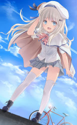 Rule 34 | 1girl, aircraft, airplane, bicycle, blue eyes, boots, bow, cape, cloud, contrail, day, dutch angle, hair ornament, hat, highres, leaning forward, little busters!, long hair, noumi kudryavka, open mouth, panties, pantyshot, pink bow, plaid, plaid skirt, school uniform, silver hair, skirt, sky, solo, thighhighs, u jie, underwear, white hat, white panties, white thighhighs, zettai ryouiki