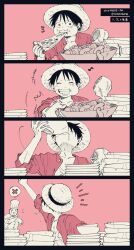 Rule 34 | 2boys, 4koma, black border, black hair, border, bowl, buttons, chef, chef hat, chicken (food), closed eyes, comic, commentary request, cross, eating, facing viewer, fingernails, food, hat, highres, holding, holding bowl, looking at viewer, meat, monkey d. luffy, multiple boys, musical note, nata kokone, one piece, out of frame, pink background, pizza, scar, scar on chest, scar on face, short hair, silent comic, smile, solo focus, straw hat, teeth, translation request, twitter username, upper body