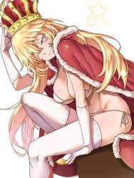 Rule 34 | + +, 1girl, absurdres, bikini, bikini under clothes, blonde hair, breasts, bright pupils, brown eyes, cape, cleavage, crown, ebora, elbow gloves, fur-trimmed cape, fur trim, gloves, grin, hair between eyes, hand up, highres, knee up, large breasts, long hair, looking at viewer, looking to the side, navel, one eye closed, parted lips, red cape, shiny skin, shokuhou misaki, side-tie bikini bottom, sitting, smile, solo, sparkle, sparkling eyes, spider web print, star-shaped pupils, star (symbol), stomach, string bikini, swimsuit, symbol-shaped pupils, teeth, thighhighs, thighs, toaru kagaku no railgun, toaru majutsu no index, toaru majutsu no index gaiden: toaru kagaku no mental out, very long hair, white background, white bikini, white gloves, white pupils, white thighhighs