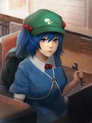 Rule 34 | 1girl, backpack, bag, blue eyes, blue hair, double sided wrench, dress, hair bobbles, hair ornament, hat, kawashiro nitori, key, looking at viewer, minami koyogi, pocket, puffy short sleeves, puffy sleeves, short hair, short sleeves, skirt, skirt set, smile, solo, touhou, twintails, two side up, wrench