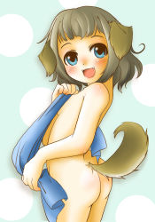 Rule 34 | animal ears, ass, back, blue eyes, blush, covering privates, fang, fangs, happy, highres, looking back, nude, nude cover, setouchi kurage, short hair, tail, towel