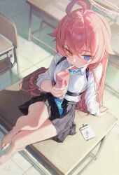 Rule 34 | 1girl, ahoge, arm support, barefoot, black skirt, blue archive, blue eyes, blue necktie, blush, chair, chest harness, collared shirt, commentary, desk, dress shirt, drinking, drinking straw, feet, from above, hair between eyes, halo, harness, heterochromia, highres, holding carton, hoshino (blue archive), id card, indoors, long hair, long sleeves, m.q (mqkyrie), necktie, on desk, pink hair, pink halo, pleated skirt, school chair, school desk, shirt, shirt tucked in, sidelocks, signature, sitting, skirt, sleeves pushed up, solo, sunlight, tile floor, tiles, toes, very long hair, white shirt, yellow eyes