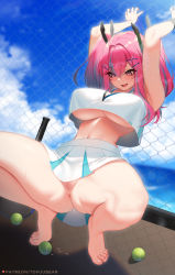 Rule 34 | 1girl, azur lane, bare shoulders, blue sky, blush, breasts, bremerton (azur lane), bremerton (scorching-hot training) (azur lane), censored, chain-link fence, crop top, crop top overhang, day, feet, fence, highres, large breasts, long hair, multicolored hair, narrow waist, navel, no panties, open mouth, pink eyes, pink hair, pussy, sky, smile, solo, sportswear, squatting, streaked hair, tennis uniform, thighs, tofuubear, twintails, two-tone shirt, underboob