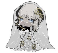 Rule 34 | 1girl, blue eyes, bridal veil, chibi, colored eyelashes, dress, e.g.o (project moon), faust (project moon), gears, gloves, hair ornament, holding, holding weapon, limbus company, looking at viewer, merukosu, project moon, short hair, solo, thick eyelashes, veil, weapon, wedding dress, white background, white gloves, white hair