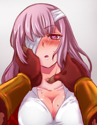 Rule 34 | 1boy, 1girl, beowulf (fate), blush, breasts, cleavage, eyepatch, fate/grand order, fate (series), florence nightingale (fate), heart, heart-shaped pupils, large breasts, long hair, looking at viewer, mijinko (83nabe), open mouth, pink hair, symbol-shaped pupils, upper body