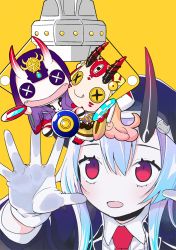 Rule 34 | 1girl, 7meill, against glass, blonde hair, button eyes, buttons, character doll, commentary request, crane game, cup, fangs, fate/grand order, fate (series), gloves, heroic spirit festival outfit, horns, ibaraki douji (fate), open mouth, police, police uniform, purple hair, red eyes, sakazuki, shuten douji (fate), sidelocks, silver hair, skin-covered horns, smile, solo, tomoe gozen (fate), tomoe gozen (festival outfit) (fate), uniform, white gloves