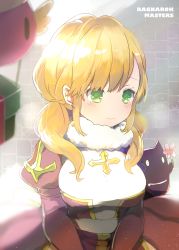 Rule 34 | 1girl, blonde hair, blush, breasts, closed mouth, commentary request, copyright name, cross, demon, deviruchi, dress, eon (greencastle), flower, fur scarf, gift, green eyes, green skirt, high priest (ragnarok online), highres, holding, holding flower, juliet sleeves, long hair, long sleeves, looking at viewer, low twintails, medium breasts, pink flower, poring, puffy sleeves, ragnarok masters, ragnarok online, red dress, sash, skirt, smile, twintails, two-tone dress, upper body, white dress, white sash