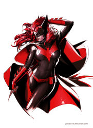 Rule 34 | 1girl, bat symbol, batarang, batwoman, belt, bodysuit, cape, dc comics, gauntlets, gloves, kate kane, lipstick, mask, red gloves, red hair, solo