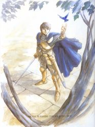 Rule 34 | 1boy, absurdres, armor, bird, highres, male focus, nature, non-web source, outdoors, parn (lodoss), plant, record of lodoss war, solo, sword, tree, weapon