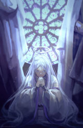 Rule 34 | 1boy, absurdres, angel, closed mouth, colored eyelashes, copyright name, fantasticicystare, grey eyes, half-closed eyes, halo, highres, long hair, looking down, lord of the mysteries, nail, ouroboros (lord of the mysteries), own hands clasped, own hands together, praying, robe, silver hair, snake, solo, squatting, stained glass, statue, white robe, window