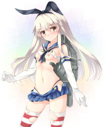 Rule 34 | 10s, 1girl, bare shoulders, black panties, blonde hair, blush, breasts, brown eyes, crop top, elbow gloves, gloves, hair ribbon, highleg, highleg panties, highres, kantai collection, looking at viewer, miko (royal milk), miniskirt, navel, nipples, panties, red thighhighs, ribbon, school uniform, serafuku, shimakaze (kancolle), sidelocks, skindentation, skirt, small breasts, solo, striped clothes, striped thighhighs, tears, thighhighs, torn clothes, torn thighhighs, unbuttoned, underwear, white thighhighs