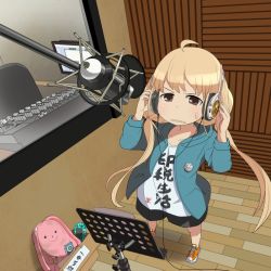 Rule 34 | 10s, 1girl, ahoge, blonde hair, brown eyes, chiyomi, clothes writing, futaba anzu, hand on headphones, headphones, idolmaster, idolmaster cinderella girls, long hair, microphone, open mouth, recording studio, shirt, solo, studio, studio microphone, stuffed animal, stuffed rabbit, stuffed toy, sweatdrop, t-shirt, twintails, very long hair