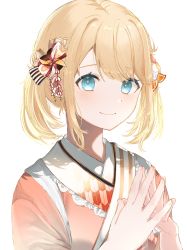 Rule 34 | 1girl, absurdres, blonde hair, blue eyes, closed mouth, hair ornament, highres, hololive, japanese clothes, kanzashi, kazama iroha, kimono, light blush, official alternate costume, short hair, simple background, smile, steepled fingers, upper body, virtual youtuber, white background, yoshioka (today is kyou)