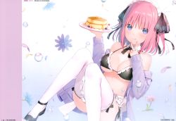 Rule 34 | 1girl, 6u (eternal land), :q, absurdres, apron, ass, bare shoulders, bikini, black bikini, black footwear, blue eyes, bow, bowtie, breasts, cleavage, collarbone, convenient leg, detached collar, flower, food, go-toubun no hanayome, hair ornament, halterneck, hands up, highres, holding, holding tray, jacket, large breasts, long sleeves, looking at viewer, maid, maid apron, maid bikini, maid headdress, mary janes, nail polish, nakano nino, off shoulder, open clothes, open jacket, pancake, pink hair, purple flower, purple jacket, scan, shoes, short hair, side-tie bikini bottom, smile, solo, swimsuit, thighhighs, tongue, tongue out, tray, unconventional maid, v, water, white thighhighs