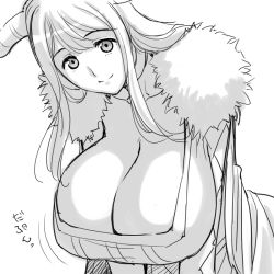 Rule 34 | 10s, 1girl, bouncing breasts, breasts, cleavage, coat, greyscale, horns, huge breasts, leaning forward, long hair, looking at viewer, magaki ryouta, maou (maoyuu), maoyuu maou yuusha, monochrome, sketch, smile, solo, translation request