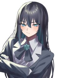 Rule 34 | 1girl, ado (utaite), black bow, black bowtie, black hair, black jacket, blue eyes, blue flower, blue hair, blue rose, blush, bow, bowtie, chando (ado), closed mouth, cloud nine inc, collared shirt, colored inner hair, commentary, crossed arms, flower, flower brooch, gloves, grey background, hair between eyes, highres, jacket, long hair, long sleeves, looking at viewer, mole, mole under eye, multicolored hair, pout, rose, shirt, sidelocks, simple background, solo, tsukuno tsuki, two-tone hair, upper body, utaite, white gloves, white shirt