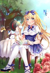 Rule 34 | 1girl, blonde hair, blue bow, blue eyes, blue skirt, blurry, blurry background, blurry foreground, blush, book, bow, bowtie, breasts, bug, butterfly, chair, cloud, cloudy sky, commentary request, cup, emu alice, flower, frilled skirt, frills, hair between eyes, hair bow, hat, high-waist skirt, highres, holding, holding cup, insect, long hair, looking at viewer, mashiro aa, medium breasts, open book, open mouth, pantyhose, rabbit, rose, scrunchie, shirt, short sleeves, sidelocks, sitting, skirt, sky, swept bangs, table, teacup, top hat, tree, white pantyhose, white shirt
