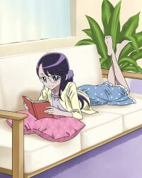Rule 34 | 1girl, artist request, casual, commentary, couch, english commentary, eyelashes, glasses, hair ornament, hair scrunchie, happy, heartcatch precure!, highres, long hair, looking at viewer, low ponytail, lying, official art, pillow, ponytail, precure, precure connection puzzlun, purple eyes, purple hair, reading, scrunchie, smile, solo, third-party source, tsukikage yuri