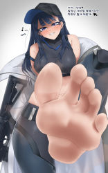 Rule 34 | 1girl, absurdres, barefoot, blue archive, blue eyes, blush, feet, foot focus, grin, gun, hat, highres, long hair, looking at viewer, nokchamint, saori (blue archive), smile, soles, steam, toes, translated, weapon