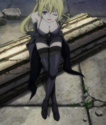 Rule 34 | 10s, 1girl, ;), blonde hair, boots, breasts, cleavage, fishnet thighhighs, fishnets, full body, highres, large breasts, lieselotte sherlock, long hair, one eye closed, purple eyes, screencap, smile, solo, thigh boots, thighhighs, trinity seven